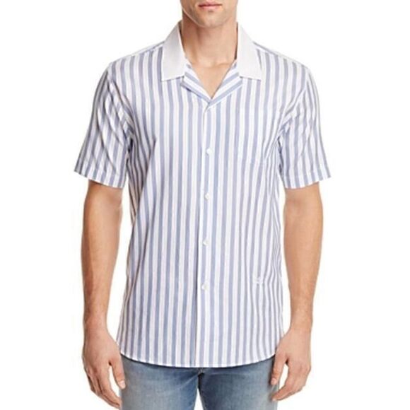 New Soulland Cornwall Men White Striped Shirt Short Sleeve Slim Button-Down US L - Picture 1 of 13